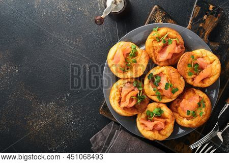 Yorkshire Pudding. Traditional English Yorkshire Pudding With Salmon And Radish Microgreens Side Dis