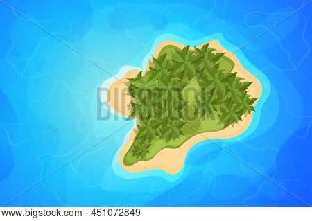 Tropical Island Top View, Resort With Palm Trees, Sand And Waves In Cartoon Style Isolated On White 