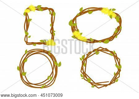 Set Frames From Wood Branch With Leaves, Dandelion, Spring Garland From Sticks, Cute Decoration In C