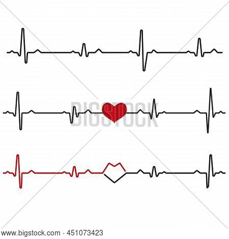 Set Of Black Heartbeats Isolated On White Background. Electro-cardiogram, Pulse Of Heart Design Elem