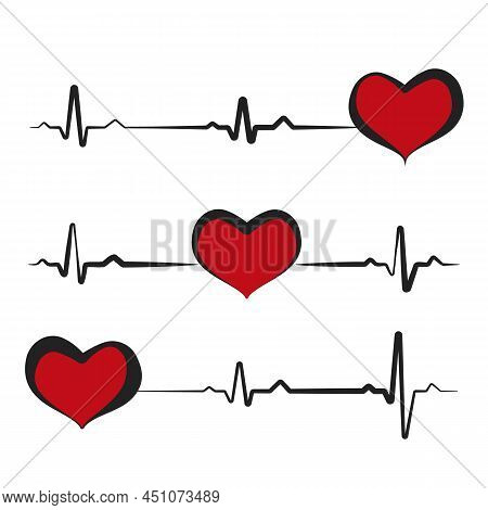 Black Heartbeat With Red Heart Isolated On White Background. Electro-cardiogram, Pulse Of Heart. Lov