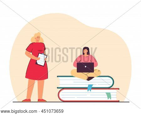 Teacher Next To Girl With Laptop Sitting On Big Books. Professor Checking Progress Of Student Flat V
