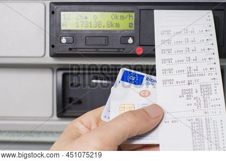 Olomouc Czech Rep Jan 7th 2021 Hand Holding A Driver Digital Card, Drivers Licence Infront Of A Digi