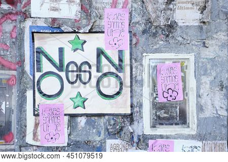 Caba, Buenos Aires, Argentina; March 8, 2022: International Feminist Strike. Wall Full Of Posters An