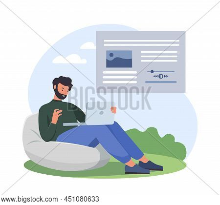 Man Relaxing With Laptop. Character Reads Article, Man On Pouffe Looks At Page Of Website. Internet 