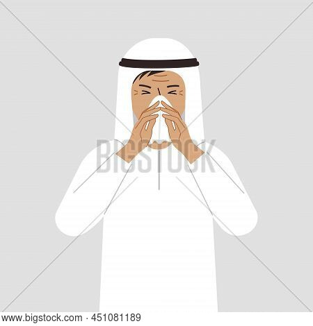 A Man Covers His Nose With His Hands With A Handkerchief. The Concept Of A Sick Person, Sneezing, Se
