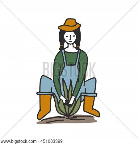 Cute Doodle Garden Girl Work With Earth. Colorful Outline Woman Gardening And Prick Off Flowers And 