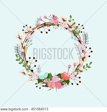 Beautiful Spring Wreath With Flowers, Leaves, Berries And Willow Branches.