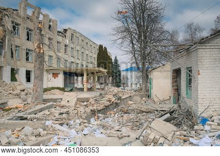 Zhytomyr, Ukraine - March 16, 2022: Consequences Of The Bomb Dropped On The School. Russian Military