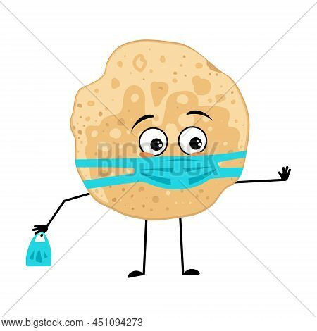 Pancake Character With Sad Emotions, Face And Mask Keep Distance, Hands With Shopping Bag And Stop G