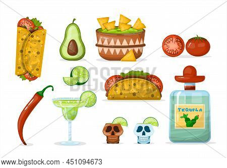 Traditional Mexican Food. Vector Cartoon Illustration. Mexican Street, Restaraunt And Homemade Food 
