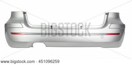 Close Up Of A Silver Rear Car Bumper Isolated On White Background. Spare Parts Catalog For Bodyshop,