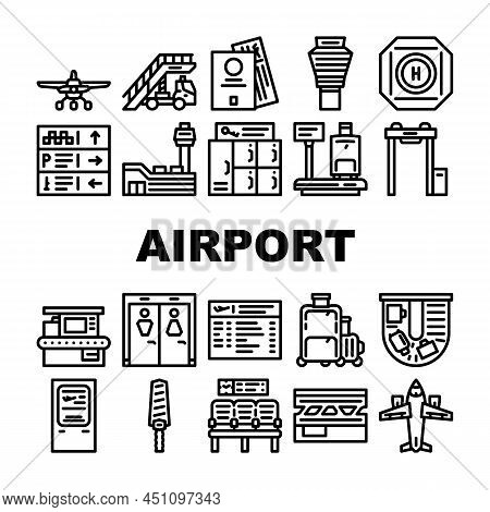 Airport Electronic Equipment Icons Set Vector. X-ray Security Technology For Scanning Traveler Bagga