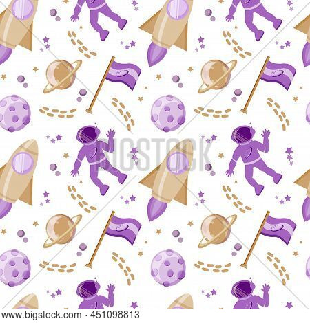 Seamless Pattern With Astronauts In Space, Drawn Elements In Flat Style. People In Outer Space. Plan
