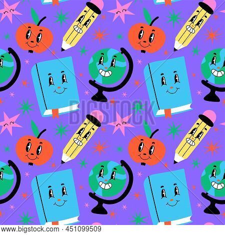 Funny Cartoon Characters Seamless Pattern. Hand Drawn Abstract Faces, Comic Pencil And Book, Apple A