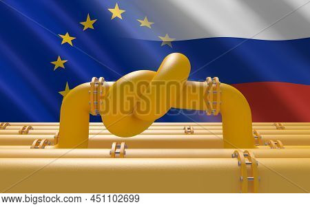 3d Render. Fuel Gas Pipeline With A Knot On Background Of European Union And Russian Flags. Eu Indus