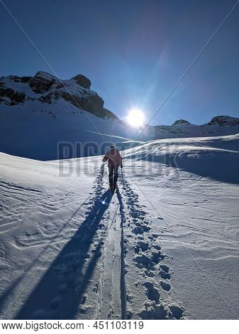 Skitour On The Mountain Mutteristock, Innerthal. Ski Mountaineering In Switzerland.winter Landscape 
