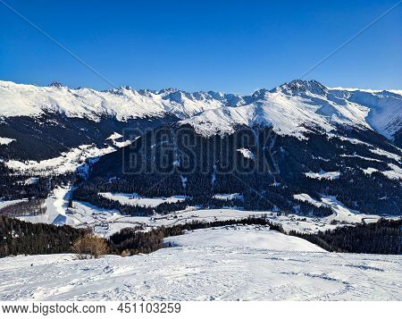 Skitour In Davos. Ski Mountaineering On The Chorbschhorn From The Strela Pass. Winter Landscape In T