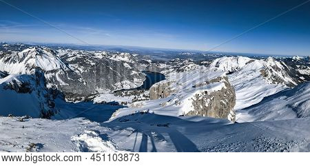 Beautiful Mountain Panorama From The Mutteristock Summit To The Wagitalersee In The Canton Of Schwyz