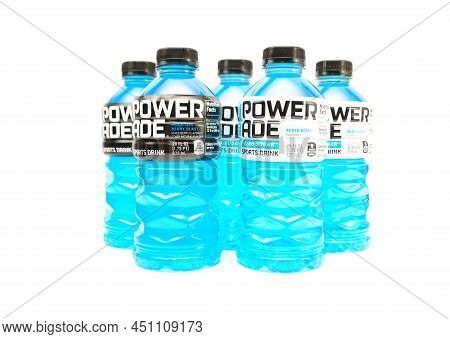 Mountain Blast Flavor Isolated Over White. Powerade Replenishes Vitamins And Electrolytes Lost Durin