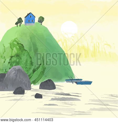 Romantic Watercolor Illustration Of A Mountains With Trees, River, House, Boats, Sunrise Or Sunset. 