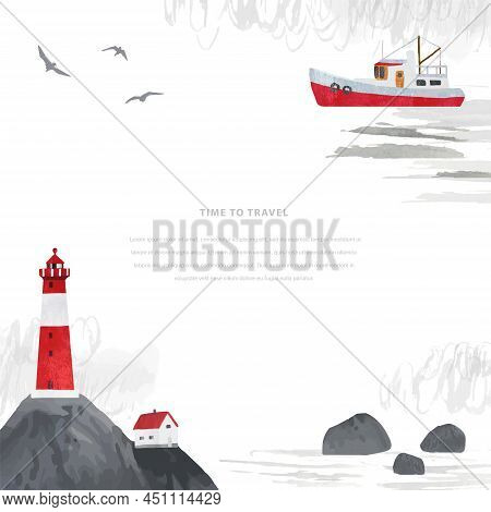 Travel Vector Template With House, Lighthouse, Clouds,  Stone Cliffs And Place For Text. Romantic Wa