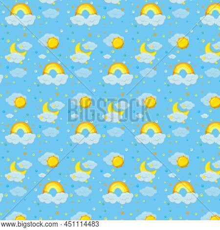 Childish Seamless Pattern Of Sun, Moon, Rainbow, Stars And Clouds. Illustration With The Moon Behind