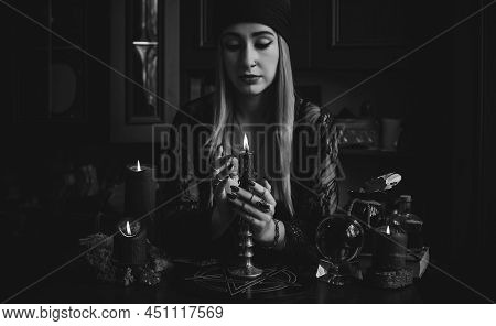 Shaman Woman Doing Ritual Magic For Helping. Concept Of Pagan Or Wicca Magic. Old And New World