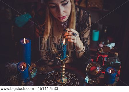Shaman Woman Doing Ritual Magic For Helping. Concept Of Pagan Or Wicca Magic. Old And New World