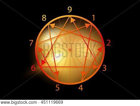 The Nine Enneagram Icon, Sacred Geometry, Vector Illustration Isolated On Black Background. Numbers 