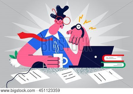 Businessman Sit At Desk Work On Computer Check Time On Wristwatch. Male Employee Or Worker Scared To