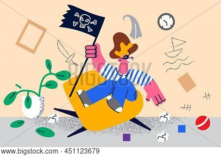 Happy Small Boy Child In Pirate Costume Have Fun Play Alone In Dirty Room. Smiling Naughty Playful K