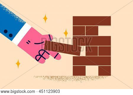 Businessman Play Jenga Take Brick From Stack. Playful Man Have Fun With Wooden Block Game. Male Empl