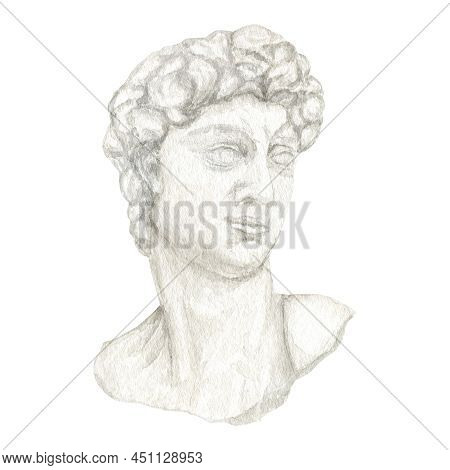 Ancient Greek Sculpture David Goddess Head, Watercolor Antique Greece Mythology Statues Bust Hand Dr