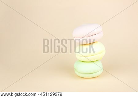 Close-up Of Stacked Colorful Marshmallows Looks Like Macaroons, French Meringue Cookies Macaron