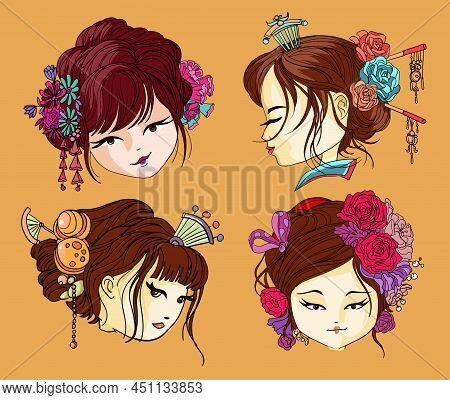 Beautifull Japanese Girls Heads And Emotion Faces Set. Young Geisha Japanese Fans, Old Traditional K