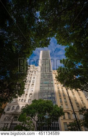 Buildings And Trees In Cinelandia Square In Rio De Janeiro City Downtown