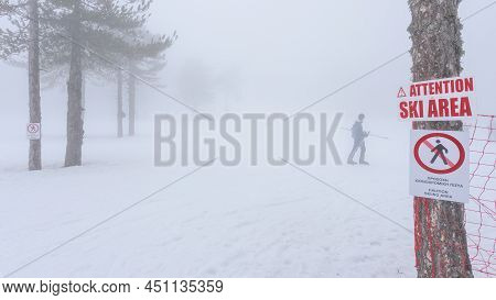 Bad Foggy Weather At Ski Resort. Mount Olympus, Troodos, Cyprus