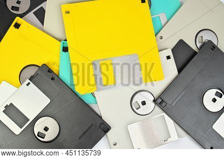 Full Frame Close Up Of 3.5 Inch Floppy Disks For Background. Retro Digital Storage Technology.