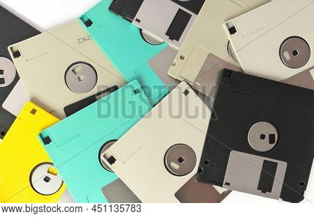 Full Frame Close Up Of 3.5 Inch Floppy Disks For Background. Retro Digital Storage Technology.