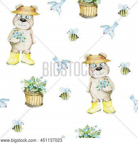Watercolor Seamless Pattern With Teddy Bear , Bee , Flouwer , Bird
