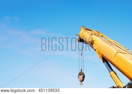Mobile Crane Rising The Main Boom Up Ready For Lifting Operation On The Building Site