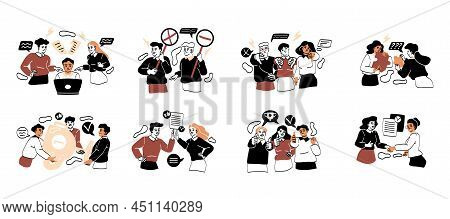 Set Of Bad Or Successful Teamwork. Friendly Colleagues Or Betrayal And Deception Between Employees A