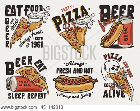 New Pizza And Beer T-shirt Print Set, Beer And Fast Food, Hot Dog And Pinta Of Beer
