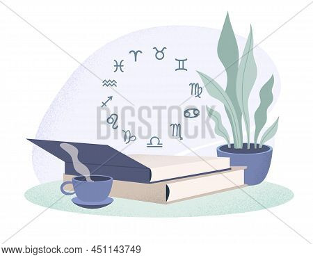 Modern Astrology Concept. Colorful Poster With Zodiac Signs Hovering Over Open Book And Cup Of Hot C