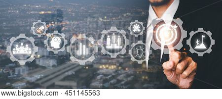 Successful Business Development Plan, Business Person Hand Pointing Gear With Vr Screen Businesss Ic