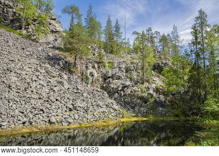 View Of The Pyha-luosto National Park In Summer, Rocks, Stones, Trees And Natural Pond, Lapland, Fin