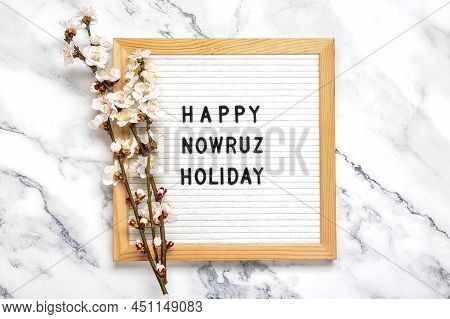 Sprigs Of The Apricot Tree With Flowers And Text Happy Nowruz Holiday Concept Of Spring Came Top Vie