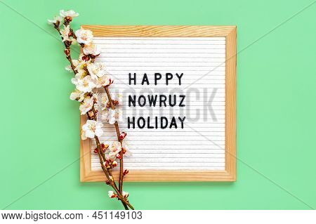 Sprigs Of The Apricot Tree With Flowers And Text Happy Nowruz Holiday Concept Of Spring Came Top Vie