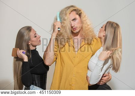 Diverse Group Of Women And Man Combing Hair Isolated Over Background. Attractive Cheerful Sexy, Fash